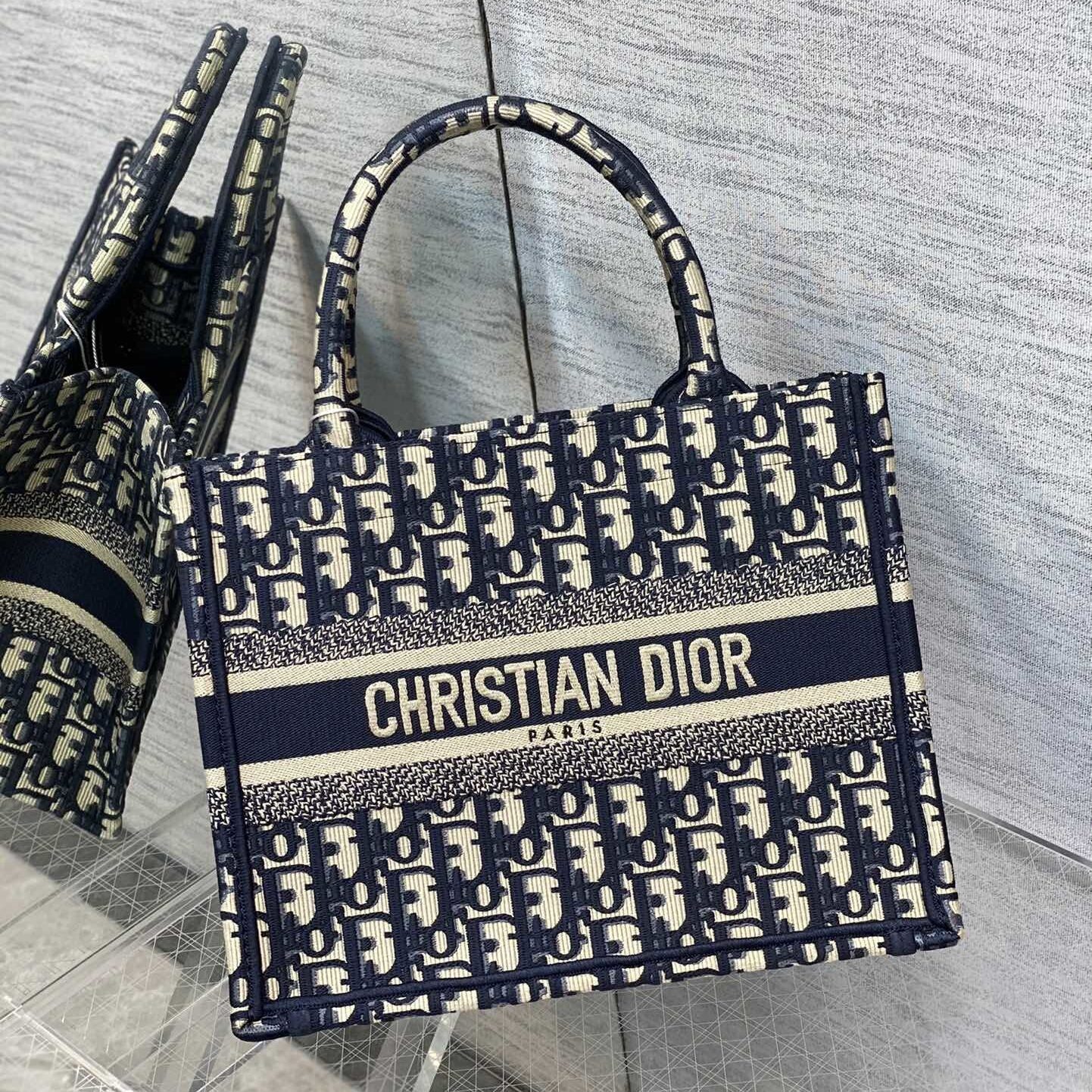 Dior Small Book Tote Blue Oblique Embroidered Tote Bag